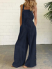 Combinaison Femme Coton Couleur Unie Sans Manches Vintage Casual Large-Jumpsuit avec Poches Latérales