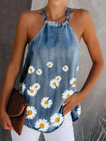 Daisy Floral Print Halter Women Débardeurs en denim décontractés