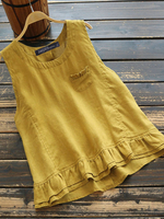Débardeur sans manches de couleur unie à volants en couches de coton vintage pour les femmes