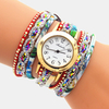 Deffrun Vintage Colorful Impression Femmes Bracelet Montre Multi-couche Métal Strass PU Montre À Quartz