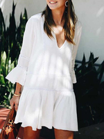 Dentelle Patchwork col en V manches 3/4 couleur unie vacances évider mini robe décontractée pour femmes