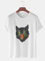 Dessin animé chat noir imprimé lâche col rond manches courtes T-shirts en coton