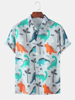 Dinosaur Cartoon Print Turn Down Col Chemises à manches courtes pour hommes femmes