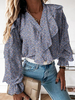 Ditsy Imprimé Floral Col En V Décontracté Bouton Manches Volants Blouses Décontractées Pour Femmes