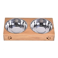 Double bol pour chien en acier inoxydable Bol pour animaux de compagnie en acier inoxydable Fond en bambou