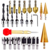 Drillpro 25 pièces pour le travail du bois chanfrein fraise foret ensemble étape forets 5 cannelures 90 degrés fraise fo