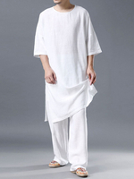 Ensemble de lin lâche léger et confortable à col rond et respirant pour hommes
