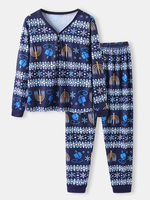 Ensemble de pyjama à deux pièces pour femmes de style de Noël imprimé col en V à manches longues