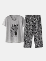 Ensemble de pyjama à manches courtes en coton imprimé à la maison pour femmes de grande taille Zebra