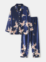 Ensemble de pyjama à manches longues en fausse soie à imprimé grue pour homme