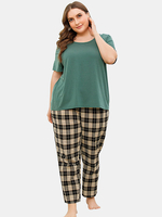 Ensemble de pyjama en deux pièces pour femmes de couleur unie à manches courtes et imprimé à carreaux de grande taille