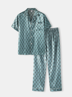 Ensemble de pyjama pour homme en fausse soie avec poche poitrine à manches courtes,  taille élastique