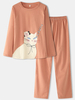 Ensemble de pyjamas à la maison de pantalons lâches de taille élastique de couleur unie de chat de bande dessinée de fem