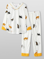 Ensemble de pyjamas en deux pièces pour femmes,  imprimé chat,  col en V,  manches longues