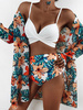 Ensemble de trois pièces de maillots de bain bikinis taille haute à imprimé plantes tropicales avec cache-maillot