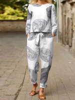 Ensemble deux pièces à manches longues avec poche à taille élastique et imprimé vintage