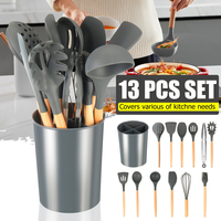 Ensemble dustensiles de cuisine en silicone avec manche en bois antiadhésif de 12 pièces Kit de batterie de cuisine