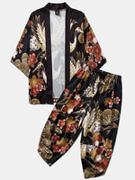Ensembles de pantalons et kimono japonais à imprimé de fleurs de grue pour hommes