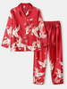 Ensembles de pyjama décontractés à la maison en soie glacée avec col à revers et motif de grue de grande taille pour fem