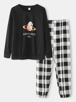Ensembles de pyjama en coton à col rond imprimé astronaute pour femmes avec pantalon à carreaux à revers