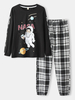 Ensembles de pyjamas à revers en coton à col rond à imprimé astronaute pour femmes avec pantalon à carreaux