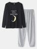 Ensembles de pyjamas à revers en coton à col rond avec lettres de lune pour femmes