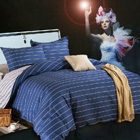 Ensembles de literie imprimés à rayures en taffetas de coton pur bleu foncé 3 ou 4pcs