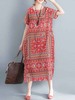 Ethnique Femmes Floral Imprimer manches courtes Split Vintage Cotton Dress