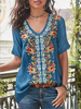 Ethnique Imprimé Floral Col V À Manches Courtes Bohème Casual Blouse Lâche