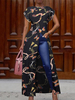 Ethnique Papillon Imprimé Col Ras Du Cou À Manches Courtes Haut Chemise Split Robe Pour Les Femmes