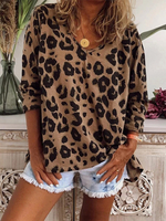 Femme Classic Blouses amples à manches longues et col en V imprimé léopard