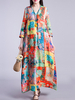 Femme Colorful Robe Maxi Imprimée Col V Manches Longues Ceinturée Vintage