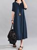 Femme Maxi Robe Vintage de V-Cou en Coton Lin à Manches Courtes