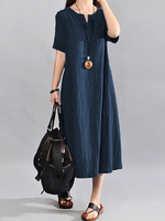 Femme Maxi Robe Vintage de V-Cou en Coton Lin à Manches Courtes