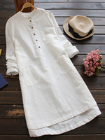 Femme Mini Chemise Robe Vintage de Bouton en Coton à Manches Longues