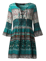 Femme Mini Robe Bohémienne Florale Imprimée V-col à Manches de Forme de Cloche