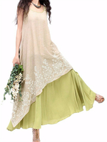 Femme Robe Vintage Élégante Broderie à Manches Courtes Ourlet Irrégulier