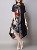 Femme Robe Vintage Longue Imprimée de Coutures à Manches Courtes