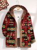 Femmes À Capuche Moelleux Motif Ethnique Patchwork Poche Boutons Manteaux Décontractés