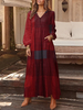 Femmes à carreaux imprimé col en V bouton manches longues robes maxi vintage avec poche