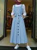 Femmes 100% coton couleur unie bretelles bouton taille à lacets maxi robe avec poche