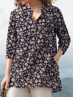 Femmes 100% coton Floral Loisirs Bohème Style rétro V-Neck Side Pockets Blouse