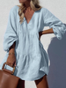 Femmes 100% coton manches bouffantes épissées couches solides col en V occasionnels robes mi-longues