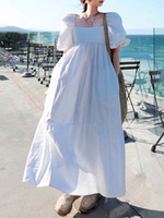 Femmes 100% coton manches bouffantes robes maxi col carré avec poche latérale