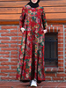 Femmes 100% Coton Vintage Imprimé Floral Bohème O-Neck Back Zipper Maxi Dress avec poche latérale