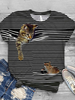Femmes 3D Cat Animal Pinstripe Print O-Neck Casual T-shirts à manches courtes