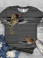 Femmes 3D Cat Animal Pinstripe Print O-Neck Casual T-shirts à manches courtes