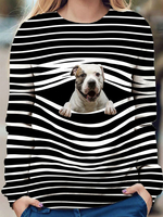 Femmes 3D Dog & Stripe Print O-Neck Pull Casual Sweatshirts