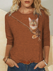 Femmes 3D Zipper Cat Print O-Neck manches longues Plus T-shirt décontracté