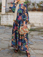 Femmes Abaya Kaftan Manches Bouffantes Floral Bohème Cheville Longueur Robe